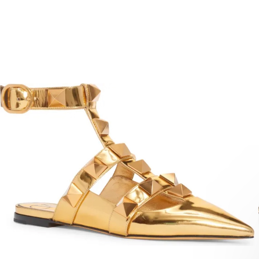 VALENTINO GARAVANI Roman Stud Ankle Strap Pointed Toe Flat